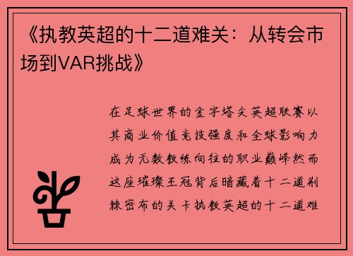 《执教英超的十二道难关：从转会市场到VAR挑战》